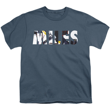 Slate youth t-shirt for ages 8 to 12 with Miles Davis Rubberband Fill graphic