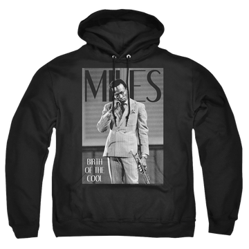 Black pullover hoodie with Miles Davis Simply Cool graphic