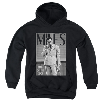 Black youth hoodie for ages 8 to 12 with Miles Davis Simply Cool graphic