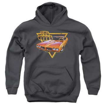 Charcoal youth hoodie for ages 8 to 12 with Pontiac Judged graphic