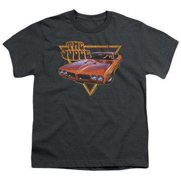 Charcoal youth t-shirt for ages 8 to 12 with Pontiac Judged graphic