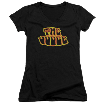 Black juniors v-neck t-shirt with Pontiac Judge Logo graphic