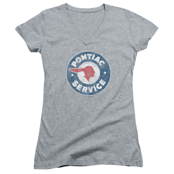 Athletic heather juniors v-neck t-shirt with Vintage Pontiac Service graphic