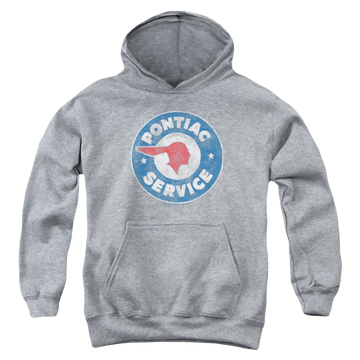 Athletic heather youth hoodie for ages 8 to 12 with Vintage Pontiac Service graphic