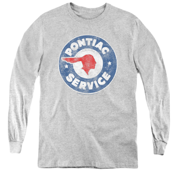 Athletic heather youth long sleeve t-shirt with Vintage Pontiac Service graphic