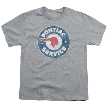 Athletic heather youth t-shirt for ages 8 to 12 with Vintage Pontiac Service graphic