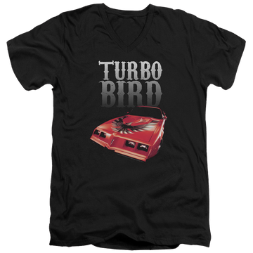 Black men's v-neck t-shirt with Pontiac Turbo Bird graphic