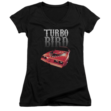 Black juniors v-neck t-shirt with Pontiac Turbo Bird graphic