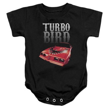 Black baby bodysuit with Pontiac Turbo Bird graphic
