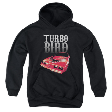 Black youth hoodie for ages 8 to 12 with Pontiac Turbo Bird graphic