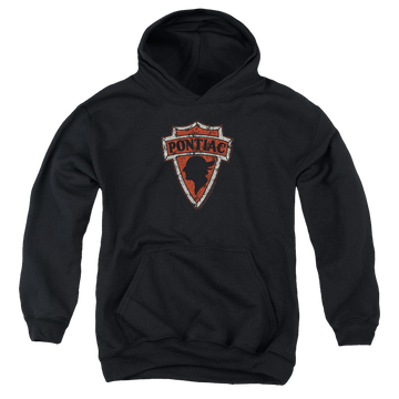 Black youth hoodie for ages 8 to 12 with Early Pontiac Arrowhead graphic