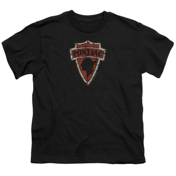 Black youth t-shirt for ages 8 to 12 with Early Pontiac Arrowhead graphic
