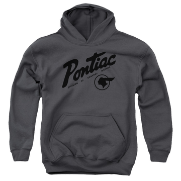 Charcoal youth hoodie for ages 8 to 12 with Pontiac Division graphic