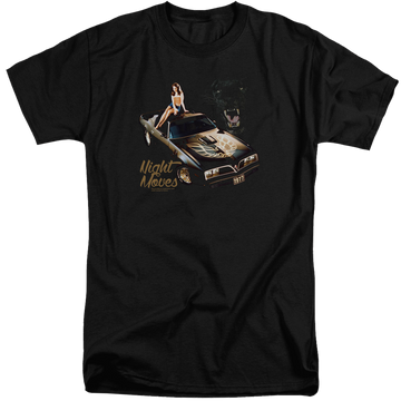 Black men's tall fit t-shirt with Pontiac Chevrolet Night Moves graphic