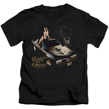Black kid's t-shirt for ages 4 to 7 with Pontiac Chevrolet Night Moves graphic