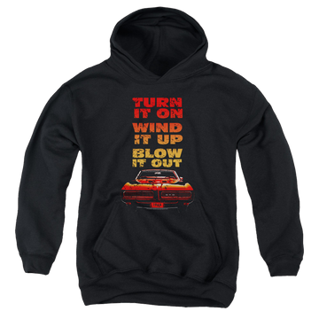 Black youth hoodie for ages 8 to 12 with Pontiac Blow It Out Gto graphic