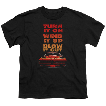 Black youth t-shirt for ages 8 to 12 with Pontiac Blow It Out Gto graphic