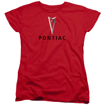 Red women's t-shirt with Pontiac Centered Arrowhead graphic
