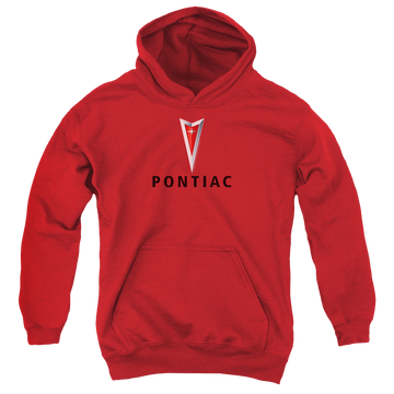 Red youth hoodie for ages 8 to 12 with Pontiac Centered Arrowhead graphic