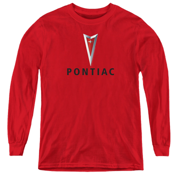 Red youth long sleeve t-shirt with Pontiac Centered Arrowhead graphic