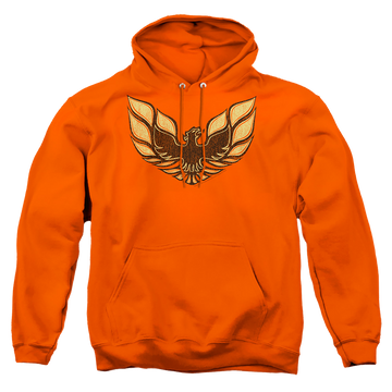 Orange pullover hoodie with Pontiac Ross 1975 Bird graphic