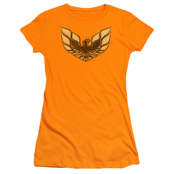 Orange juniors t-shirt with Pontiac Ross 1975 Bird graphic