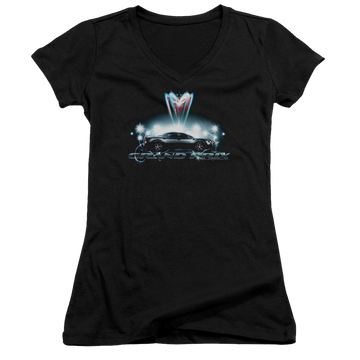 Black juniors v-neck t-shirt with Pontiac Silver Grand Am graphic
