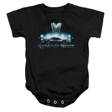 Black baby bodysuit with Pontiac Silver Grand Am graphic