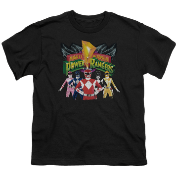 Black youth t-shirt for ages 8 to 12 with Mighty Morphin Power Rangers Rangers Unite graphic