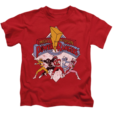 Red kid's t-shirt for ages 4 to 7 with Mighty Morphin Power Rangers Retro Rangers graphic