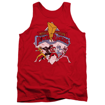 Red men's tank with Mighty Morphin Power Rangers Retro Rangers graphic