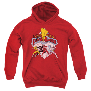Red youth hoodie for ages 8 to 12 with Mighty Morphin Power Rangers Retro Rangers graphic