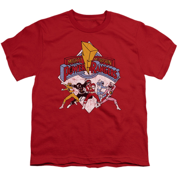 Red youth t-shirt for ages 8 to 12 with Mighty Morphin Power Rangers Retro Rangers graphic