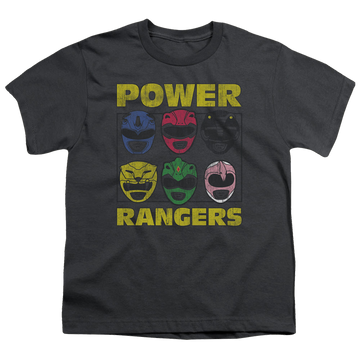 Charcoal youth t-shirt for ages 8 to 12 with Mighty Morphin Power Rangers Ranger Heads graphic