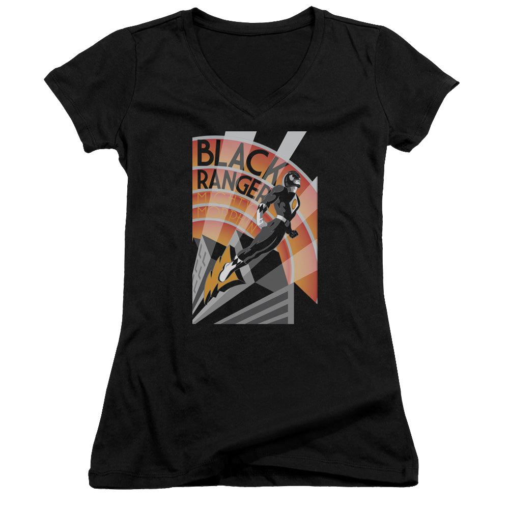 Mighty Morphin Power Rangers Black Ranger Deco - Juniors V-Neck T-Shirt Juniors V-Neck T-Shirt Power Rangers   