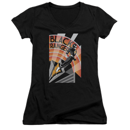 Mighty Morphin Power Rangers Black Ranger Deco - Juniors V-Neck T-Shirt Juniors V-Neck T-Shirt Power Rangers   