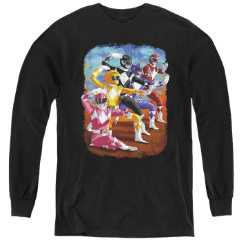 Black youth long sleeve t-shirt with Mighty Morphin Power Rangers Impressionist Rangers graphic