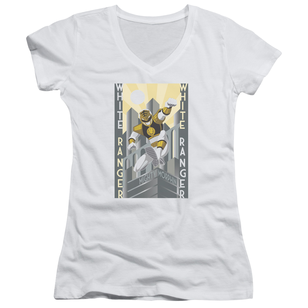 Mighty Morphin Power Rangers White Ranger Duo - Juniors V-Neck T-Shirt Juniors V-Neck T-Shirt Power Rangers   