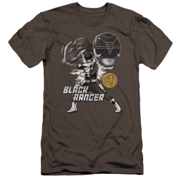 Charcoal men's premium slim fit t-shirt with Mighty Morphin Power Rangers Black Ranger graphic