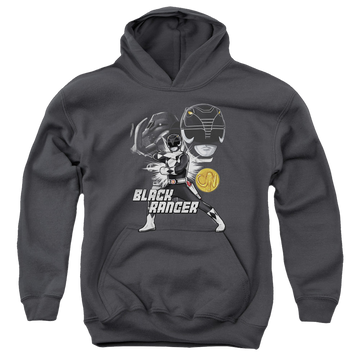 Charcoal youth hoodie for ages 8 to 12 with Mighty Morphin Power Rangers Black Ranger graphic