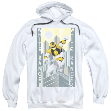 White pullover hoodie with Mighty Morphin Power Rangers White Ranger Deco graphic