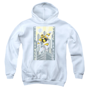 White youth hoodie for ages 8 to 12 with Mighty Morphin Power Rangers White Ranger Deco graphic