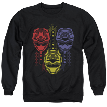 Black men's crewneck sweatshirt with Power Rangers Red Yellow Blue graphic