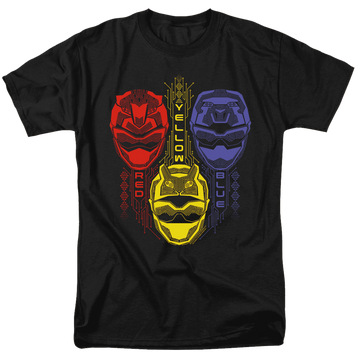 Black men's regular fit t-shirt with Power Rangers Red Yellow Blue graphic