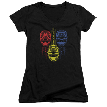 Black juniors v-neck t-shirt with Power Rangers Red Yellow Blue graphic