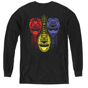 Black youth long sleeve t-shirt with Power Rangers Red Yellow Blue graphic
