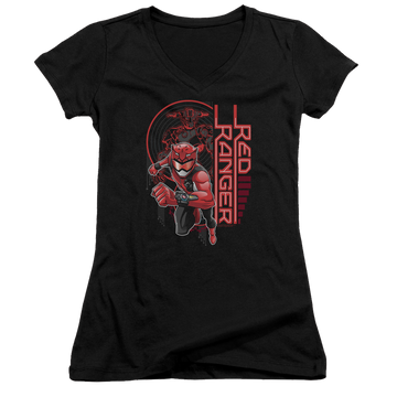 Black juniors v-neck t-shirt with Power Rangers Red Ranger graphic