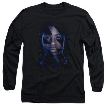 Black men's long sleeve t-shirt with Power Rangers Billy Bolt graphic