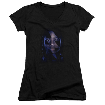 Black juniors v-neck t-shirt with Power Rangers Billy Bolt graphic
