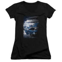 Power Rangers Blue Zord Poster Juniors V-Neck T-Shirt Juniors V-Neck T-Shirt Power Rangers   